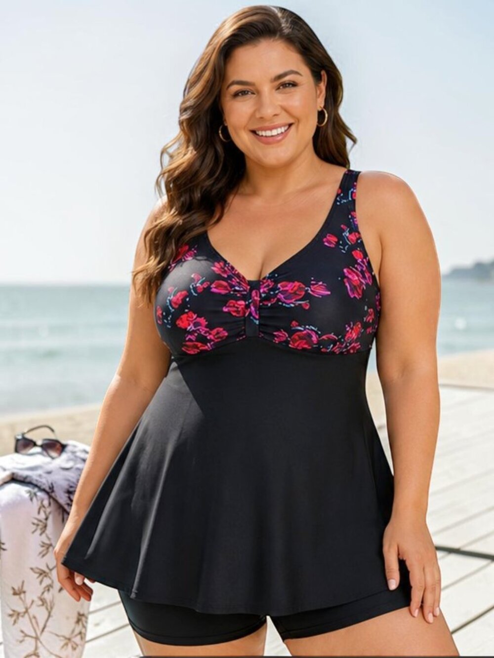Plus Size 2XL Floral Monokini One-Piece Swimsuit Padded Wire-Free Swimdress